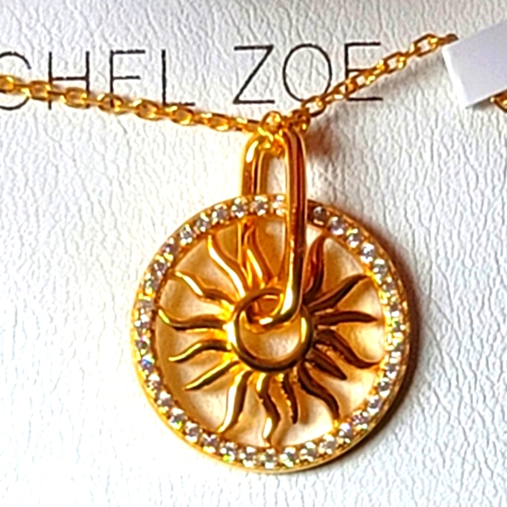 NWT Rachel Zoe Sterling Silver Gold Cubic Zirconia Sun Disc Pendant Necklace